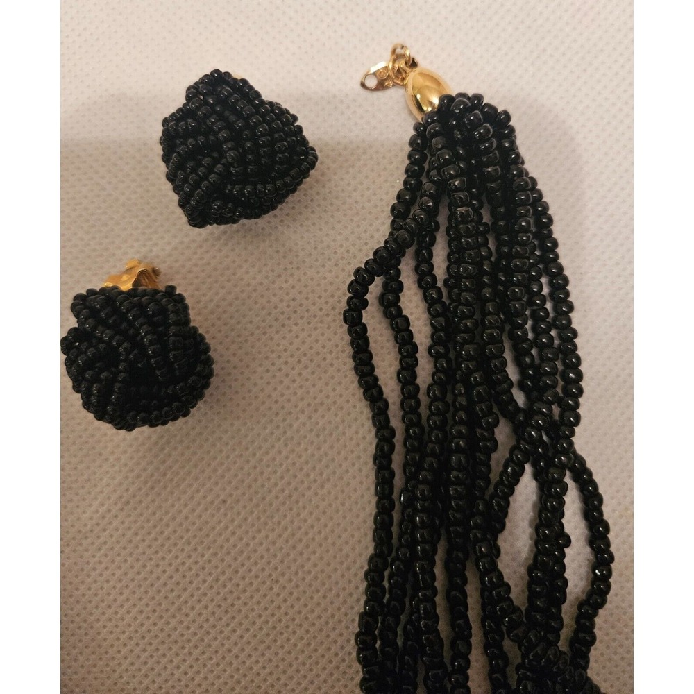 VINTAGE TRIFARI Beaded Necklace and Earrings Set - Black Seed Beads Jewelry Set - Picture 12 of 15